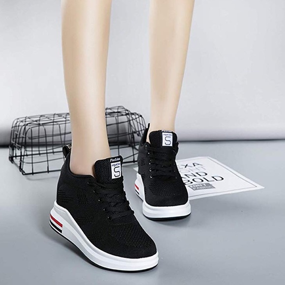 Black Knit Platform Hidden Wedges Sneaker - Picture 2 of 7